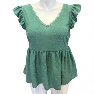 SHEIN Curve Green Textured Peplum V Neck Flutter Sleeve Tie Back Top 1XL